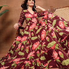 Cotton Ankle Length Printed 3/4 Sleeves V-Neck Flared Kurta