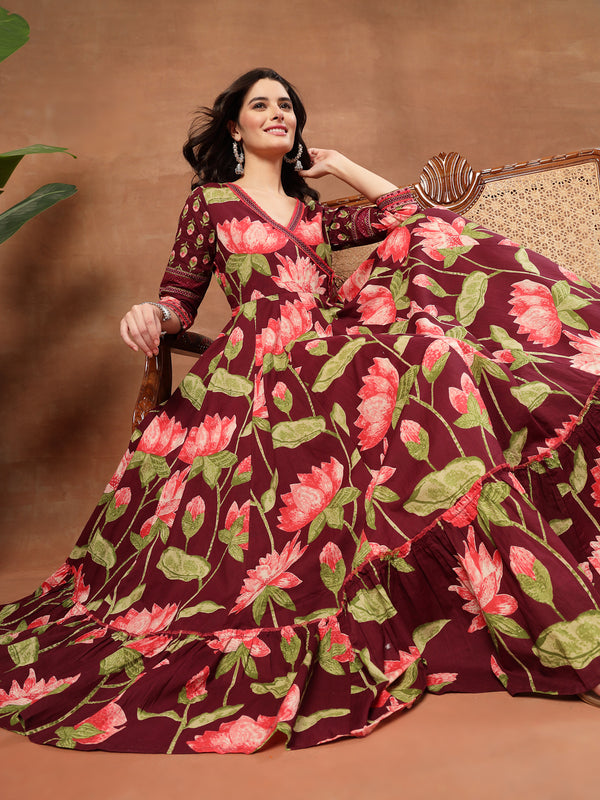 Cotton Ankle Length Printed 3/4 Sleeves V-Neck Flared Kurta