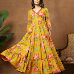 Cotton Ankle Length Printed 3/4 Sleeves V-Neck Flared Kurta