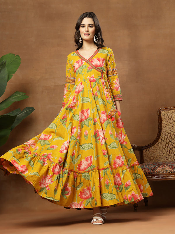 Cotton Ankle Length Printed 3/4 Sleeves V-Neck Flared Kurta