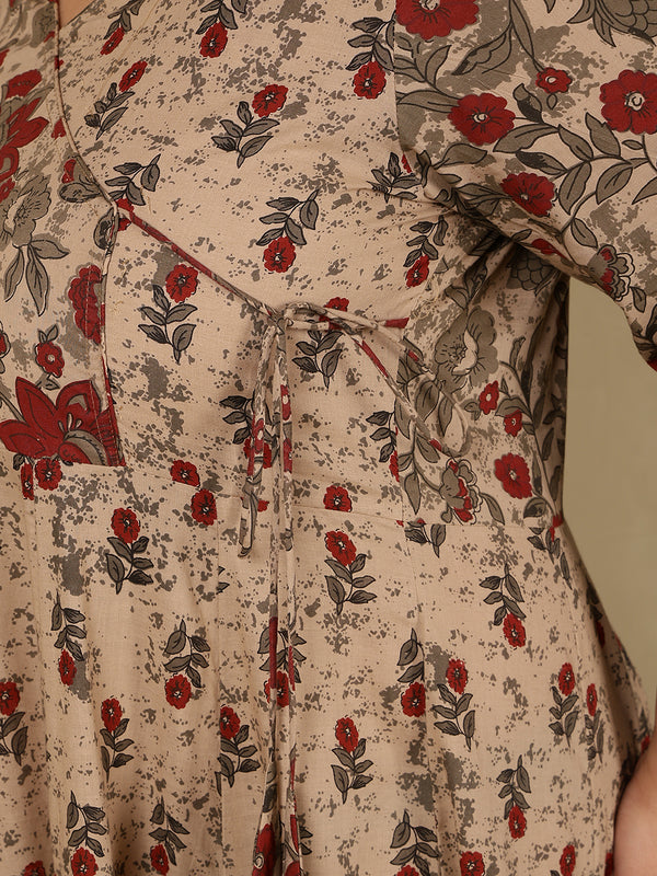 Cotton Calf Length Printed Flared 3/4 Sleeves V-Neck Kurta