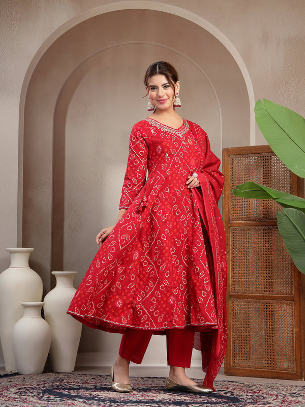 Cotton Calf Length Printed 3/4 Sleeve V-Neck Flared Kurta Suit Set