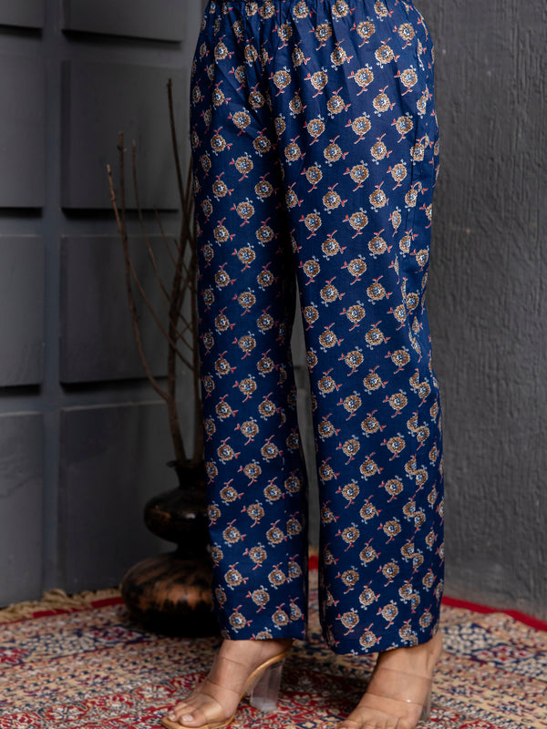 Blue Cotton Calf Length Printed Flared V-Neck Kurta Suit Set