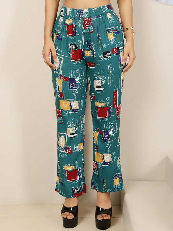 Green Rayon Hip Length Printed Shirt Coller Asymmetric Kurta Pant Set