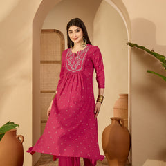 Cotton Calf Length Printed 3/4 Sleeves Round Neck Semi-Flared Kurta Suit Set