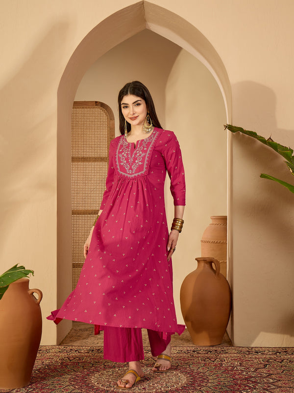 Cotton Calf Length Printed 3/4 Sleeves Round Neck Semi-Flared Kurta Suit Set