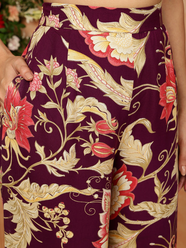 Purple Rayon Calf Length Printed Mandarin Neck Straight Kurta Palazzo Set
