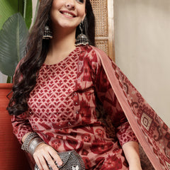 Gulmohar Jaipur Cotton Calf Length Printed 3/4 Sleeves Round Neck Straight Kurta Suit Set