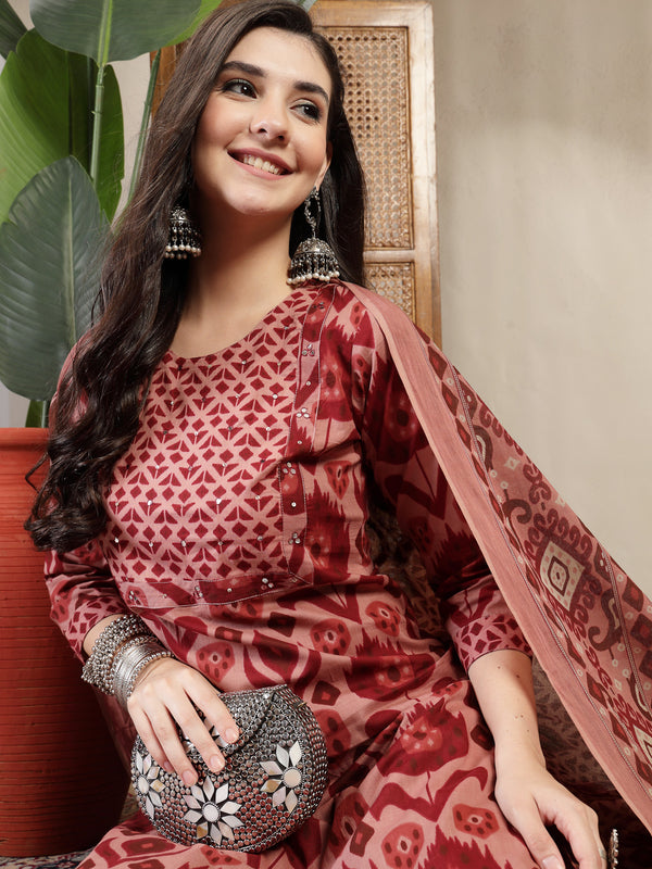 Gulmohar Jaipur Cotton Calf Length Printed 3/4 Sleeves Round Neck Straight Kurta Suit Set