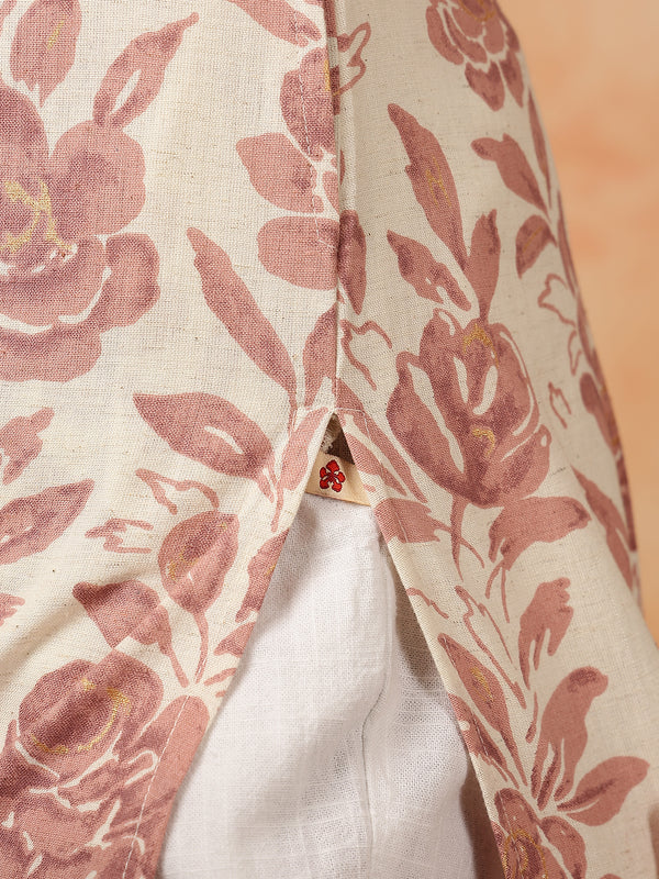 Cream Cotton Flex Calf Length Printed Round Neck A-Line Kurta
