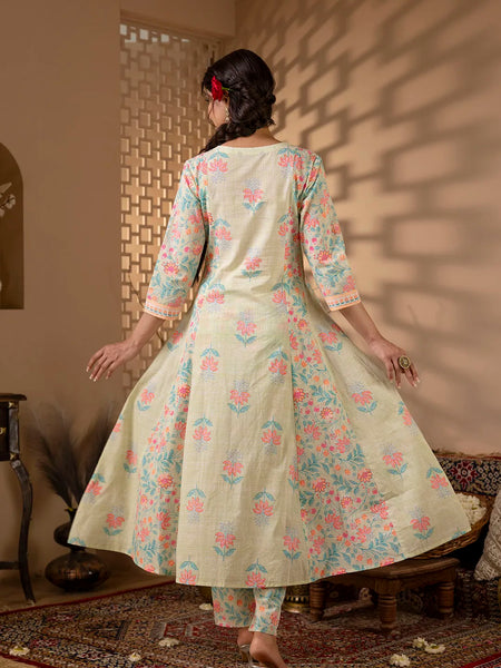 Mint Green Cotton Floral Print Embroidered Kurta Suit Set