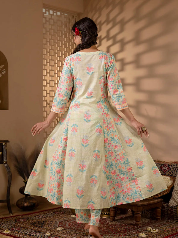 Mint Green Cotton Floral Print Embroidered Kurta Suit Set
