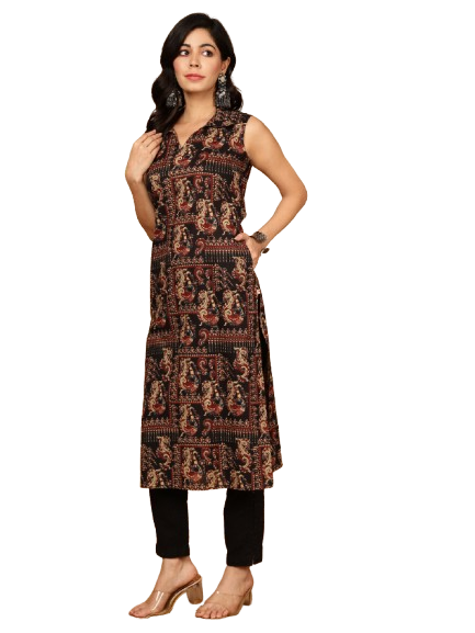 Black Rayon Calf Length Printed Shirt Coller A-Line Kurta