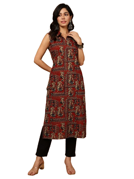 Black Rayon Calf Length Printed Shirt Coller A-Line Kurta