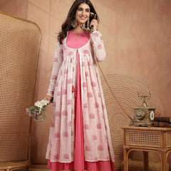 Gulmohar Jaipur Cotton Calf Length Printed 3/4 Sleeves Round Neck Flared Kurta