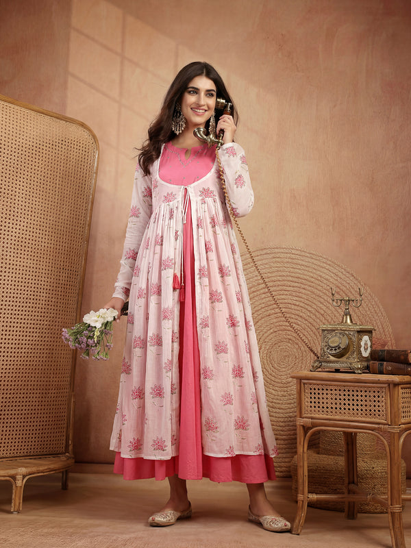 Gulmohar Jaipur Cotton Calf Length Printed 3/4 Sleeves Round Neck Flared Kurta
