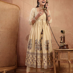 Gulmohar Jaipur Cotton Calf Length Printed 3/4 Sleeves Round Neck Flared Kurta Suit Set
