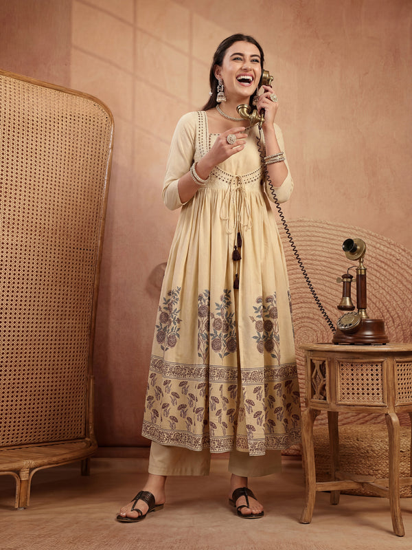 Gulmohar Jaipur Cotton Calf Length Printed 3/4 Sleeves Round Neck Flared Kurta Suit Set