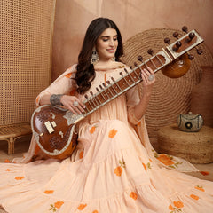 Gulmohar Jaipur Malmal Calf Length Printed 3/4 Sleeves Round Neck Anarkali Kurta Suit Set