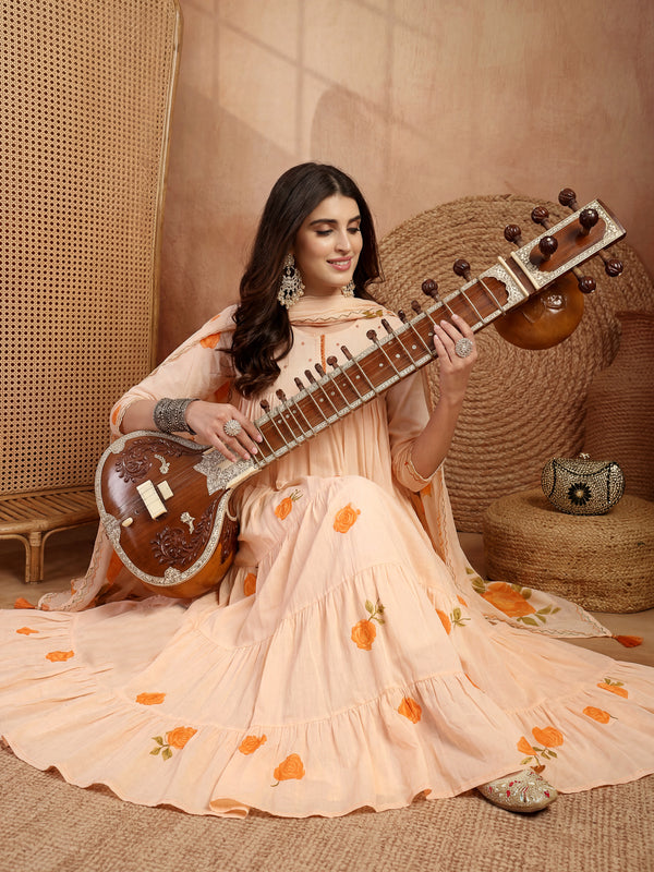Gulmohar Jaipur Malmal Calf Length Printed 3/4 Sleeves Round Neck Anarkali Kurta Suit Set
