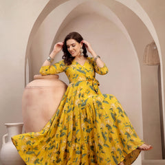 Gulmohar Jaipur Cotton Calf Length Printed 3/4 Sleeve V-Neck Flared Kurta