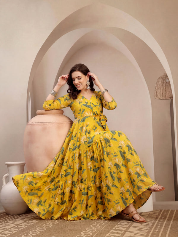Gulmohar Jaipur Cotton Calf Length Printed 3/4 Sleeve V-Neck Flared Kurta