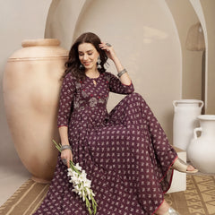 Gulmohar Jaipur Cotton Calf Length Printed 3/4 Sleeve Key Hole Neck Flared Kurta