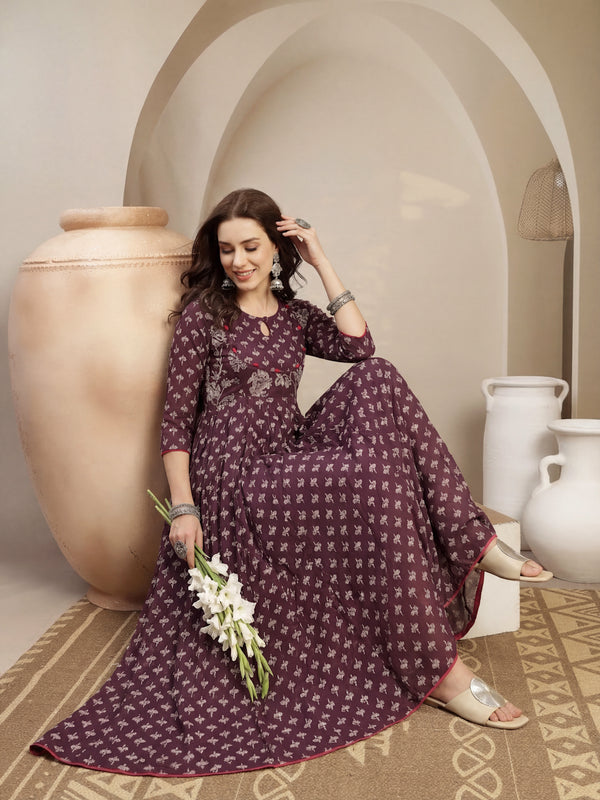 Gulmohar Jaipur Cotton Calf Length Printed 3/4 Sleeve Key Hole Neck Flared Kurta