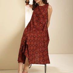 Maroon Rayon Printed Sleeveless Round Neck Asymmetrical Kurta Bottom Set