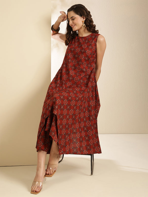 Maroon Rayon Printed Sleeveless Round Neck Asymmetrical Kurta Bottom Set
