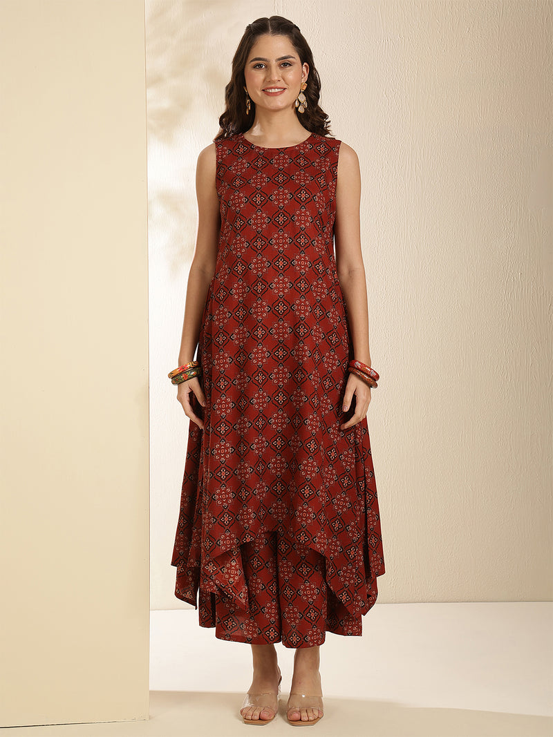 Maroon Rayon Printed Sleeveless Round Neck Asymmetrical Kurta Bottom Set