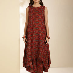 Maroon Rayon Printed Sleeveless Round Neck Asymmetrical Kurta Bottom Set