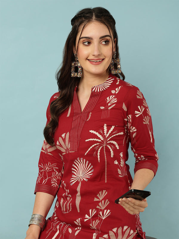 Rayon Calf Length Printed Straight 3/4 Sleeves Mandarin Neck Kurta Bottom Set