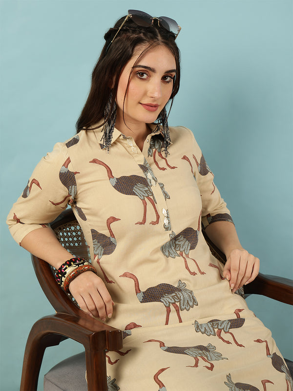 Rayon Calf Length Printed Straight 3/4 Sleeves Shirt Collar Kurta