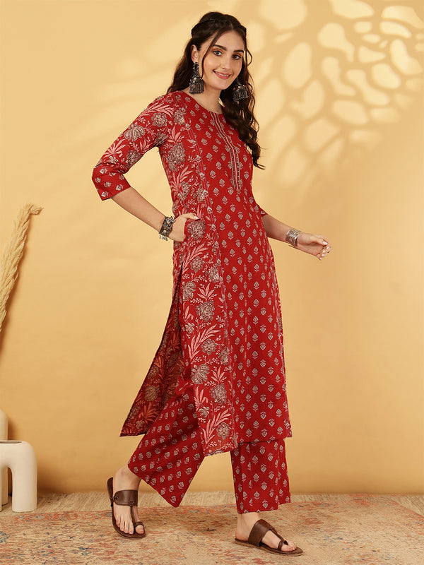 Calf Length Printed Straight 3/4 Sleeves Round Neck Kurta Bottom Dupatta Set