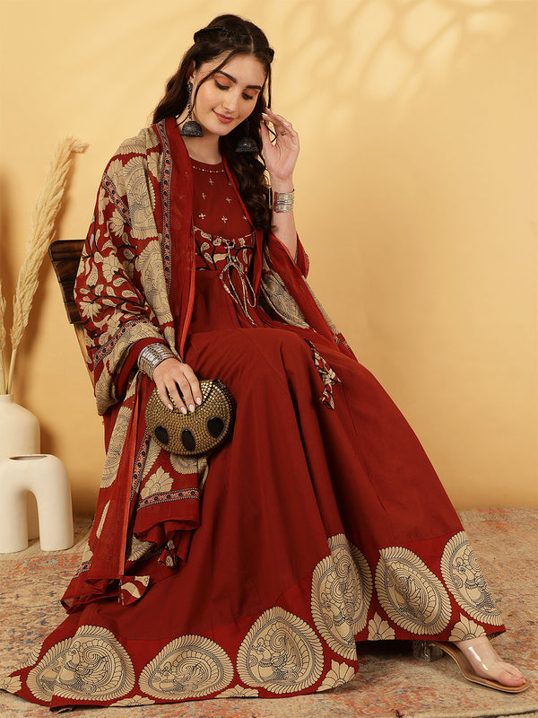Rayon Calf Length Printed Flared 3/4 Sleeves Round Neck Kurta Bottom Dupatta Set