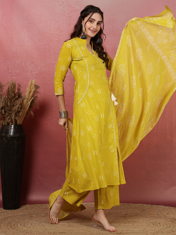 Rayon Calf Length Printed Straight 3/4 Sleeves V-Neck Kurta Bottom Dupatta Set