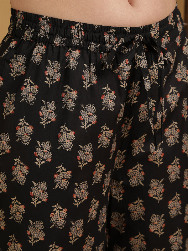 Black Pure Cotton Printed Hand-Work Anarkali Kurta Suit Set