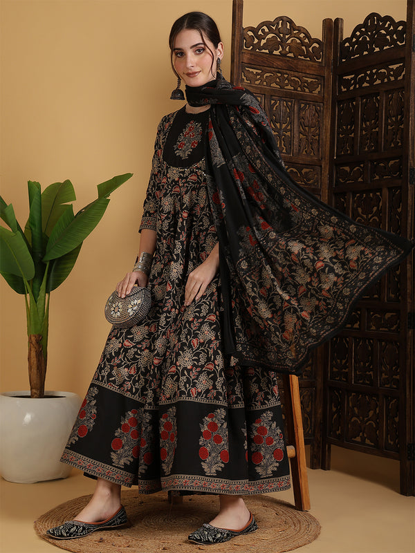 Black Pure Cotton Printed Hand-Work Anarkali Kurta Suit Set