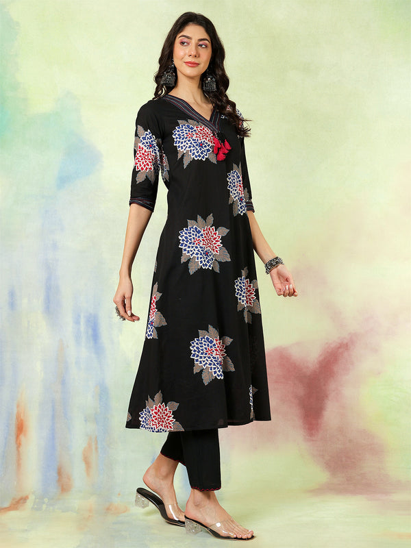 Black Rayon Printed Embroidered Straight Kurta Suit Set