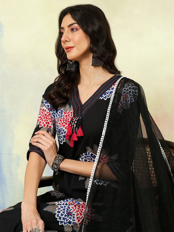 Black Rayon Printed Embroidered Straight Kurta Suit Set