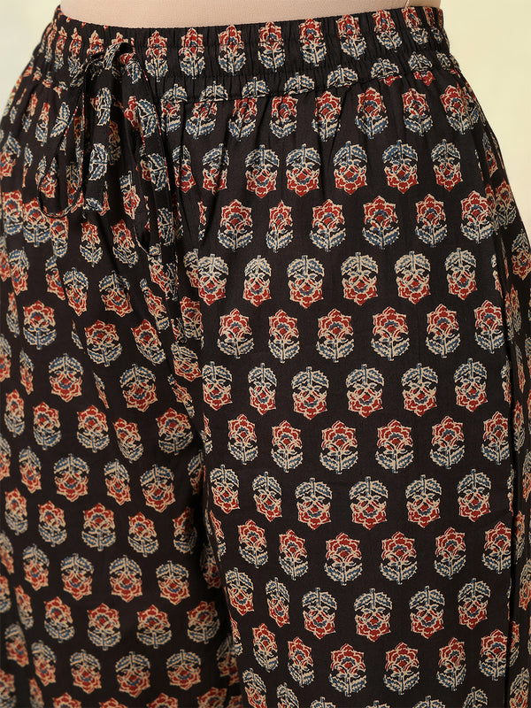 Black Cotton Calf Length Printed Flared V-Neck Kurta Suit Set