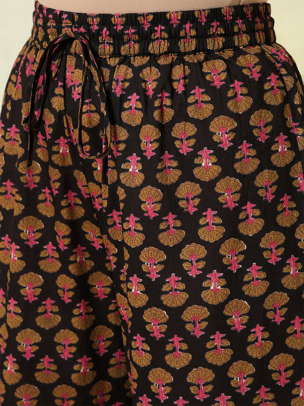 Black Cotton Calf Length Printed Flared V-Neck Kurta Suit Set