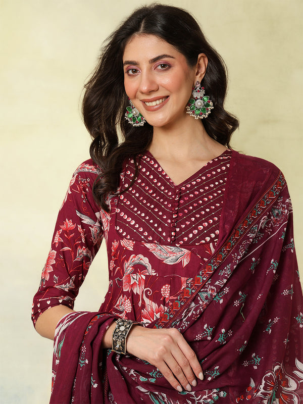 Maroon Pure Cotton Printed Hand-Work Anarkali Kurta Suit Set