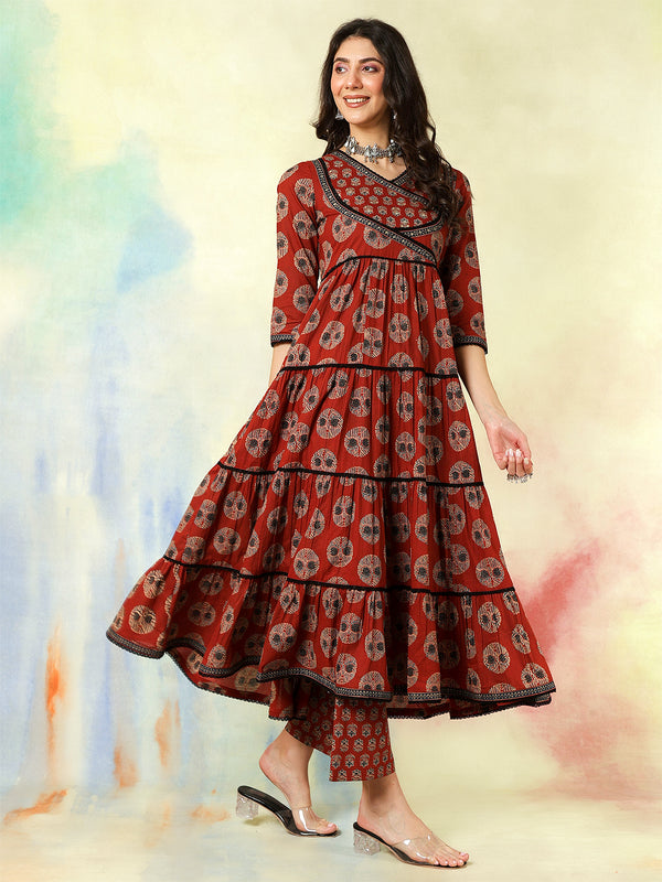 Maroon Cotton Calf Length Printed Flared V-Neck Kurta Suit Set