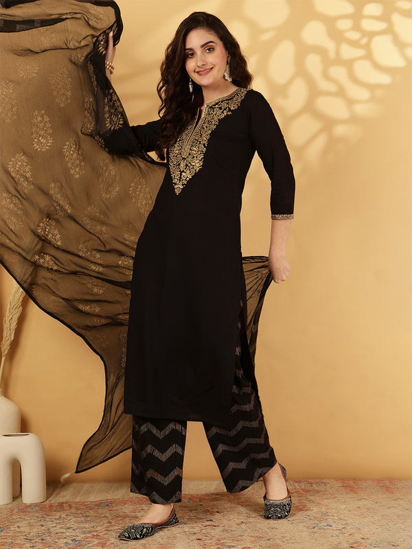 Rayon Calf Length Solid Straight 3/4 Sleeves Round Neck Kurta Bottom Dupatta Set