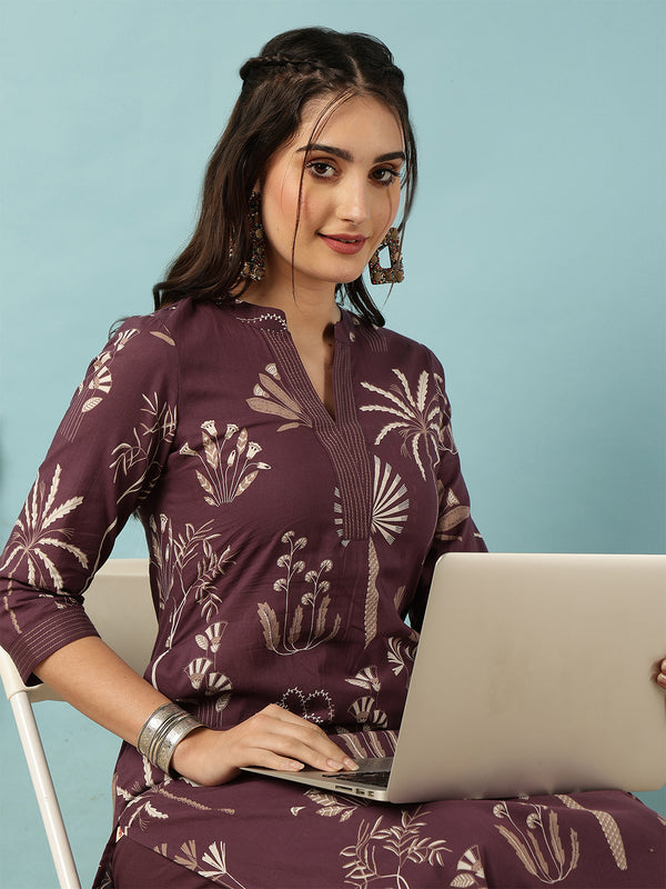 Rayon Calf Length Printed Straight 3/4 Sleeves Mandarin Neck Kurta Bottom Set