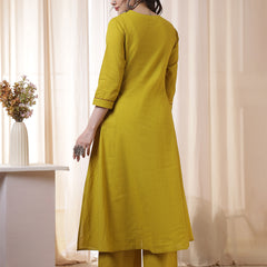 Rayon Calf Length Solid 3/4 Sleeves V-Neck Flared Kurta Suit Set