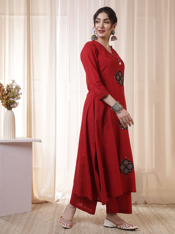 Rayon Calf Length Solid 3/4 Sleeves V-Neck Flared Kurta Suit Set