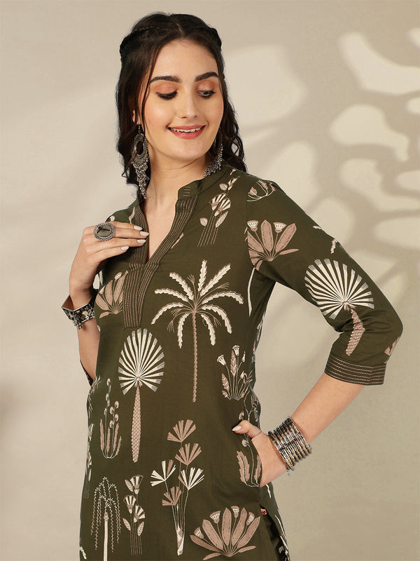 Rayon Calf Length Printed Straight 3/4 Sleeves Mandarin Neck Kurta Bottom Set